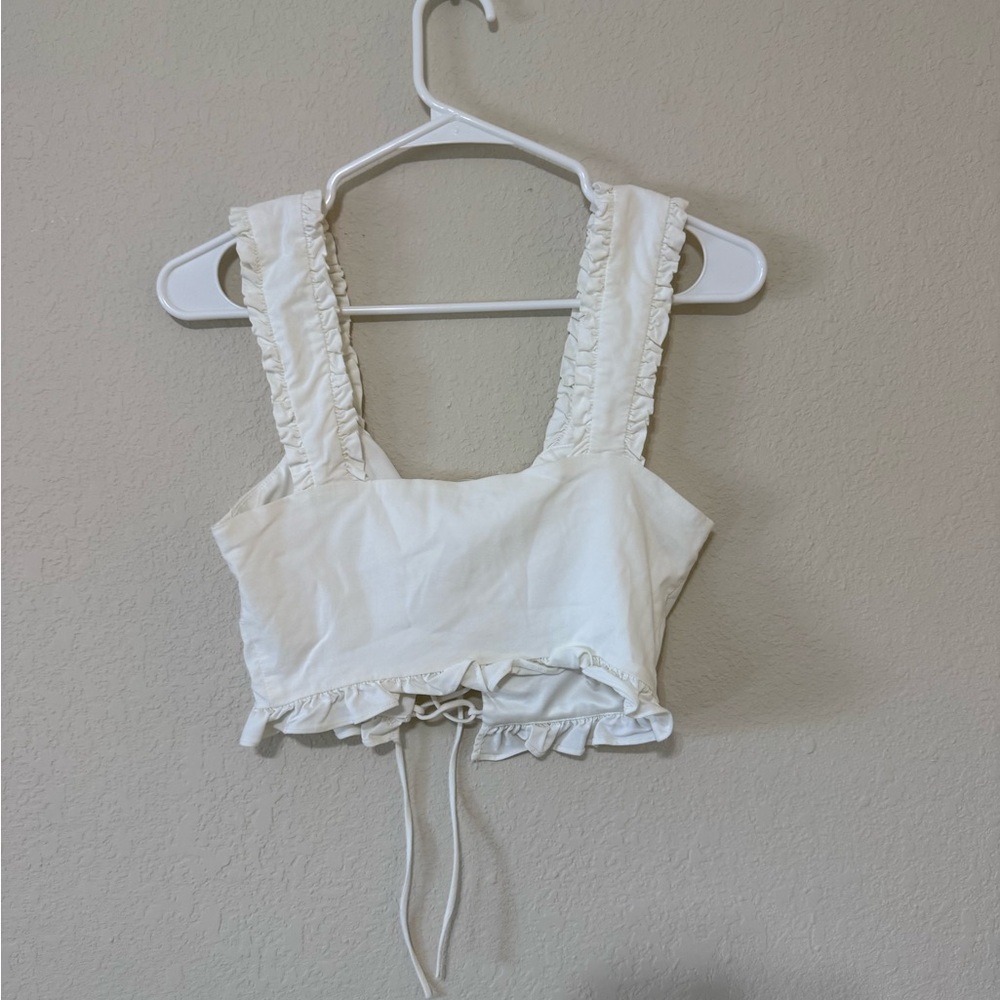 American Threads Cream Lace-Up Ruffle Crop Top - Picture 3 of 3